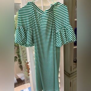 Donna Morgan green white stripe, puff sleeve off the shoulder dress. Size US 14.